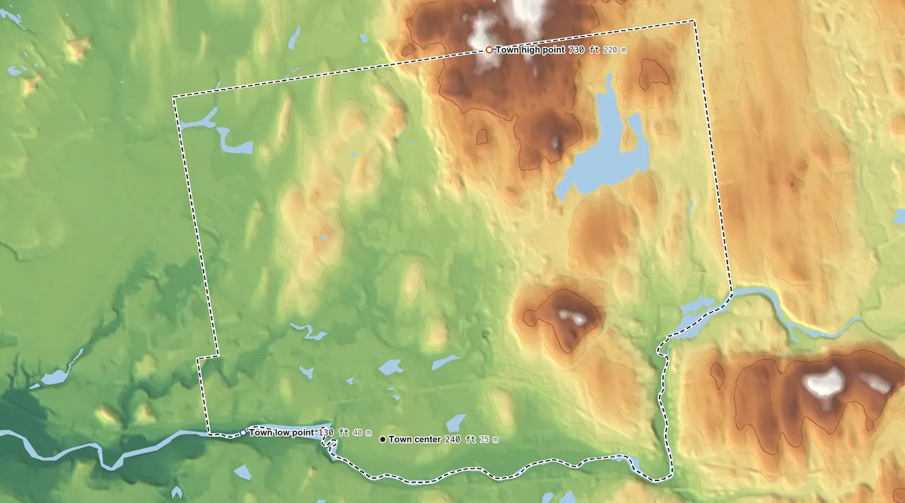 Topographic elevation map of Ludlow, Massachusetts, shaded from 130 ft on the west side to 730 ft on the north side