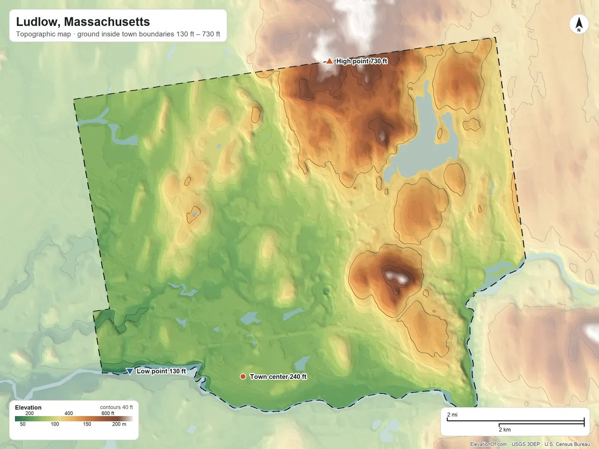 Topographic elevation map of Ludlow, Massachusetts, shaded from 130 ft on the west side to 730 ft on the north side