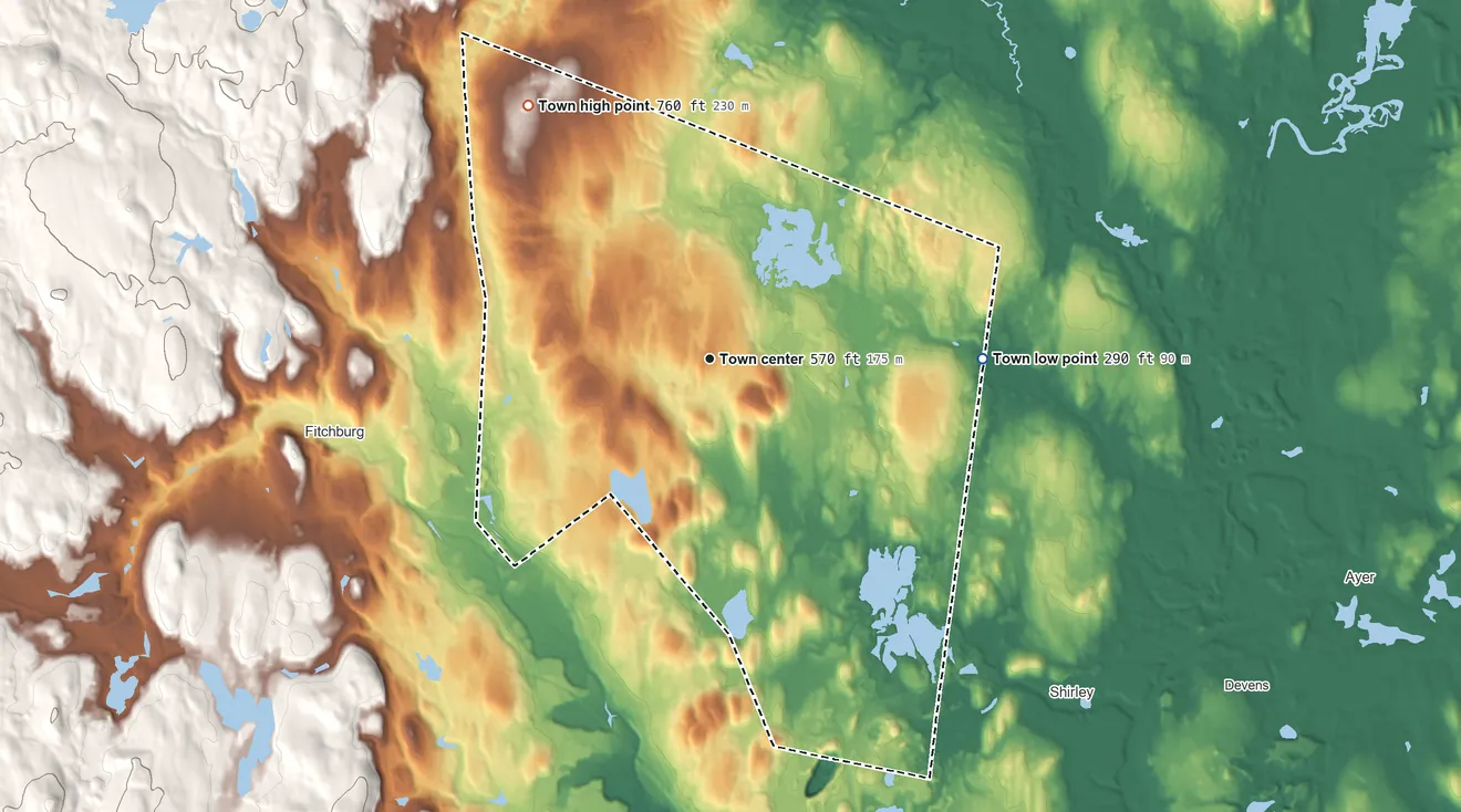 Topographic elevation map of Lunenburg, Massachusetts, shaded from 290 ft on the east side to 760 ft on the northwest side