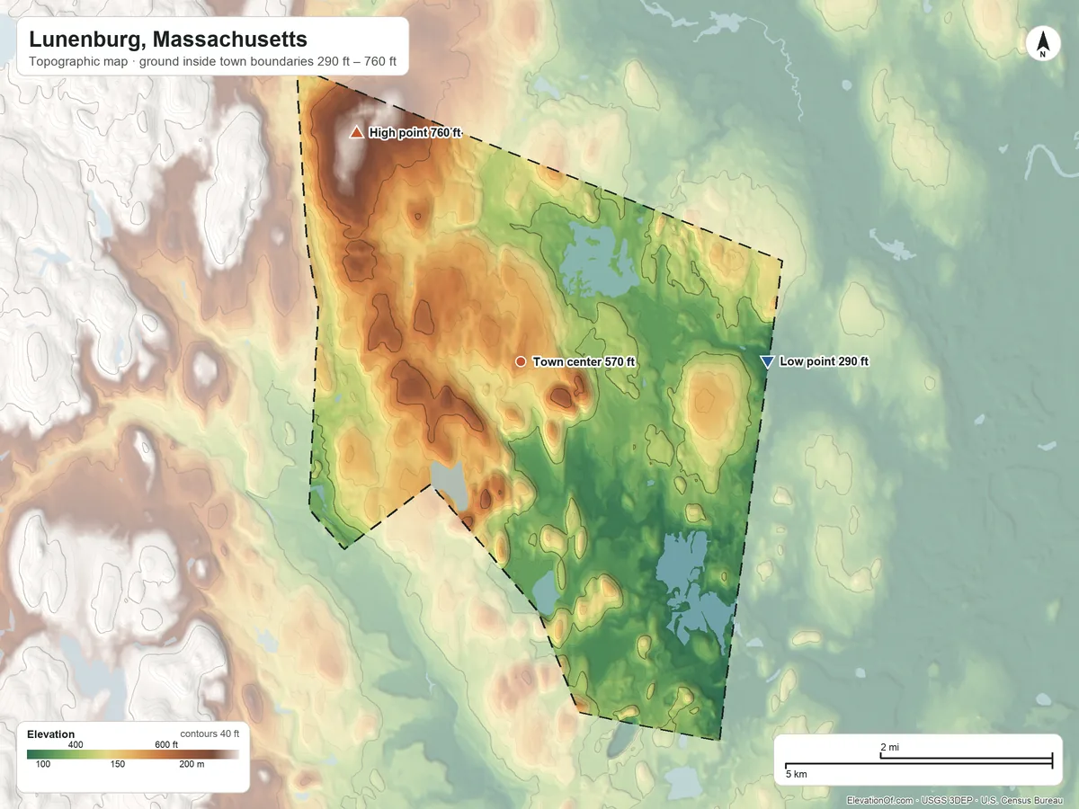 Topographic elevation map of Lunenburg, Massachusetts, shaded from 290 ft on the east side to 760 ft on the northwest side