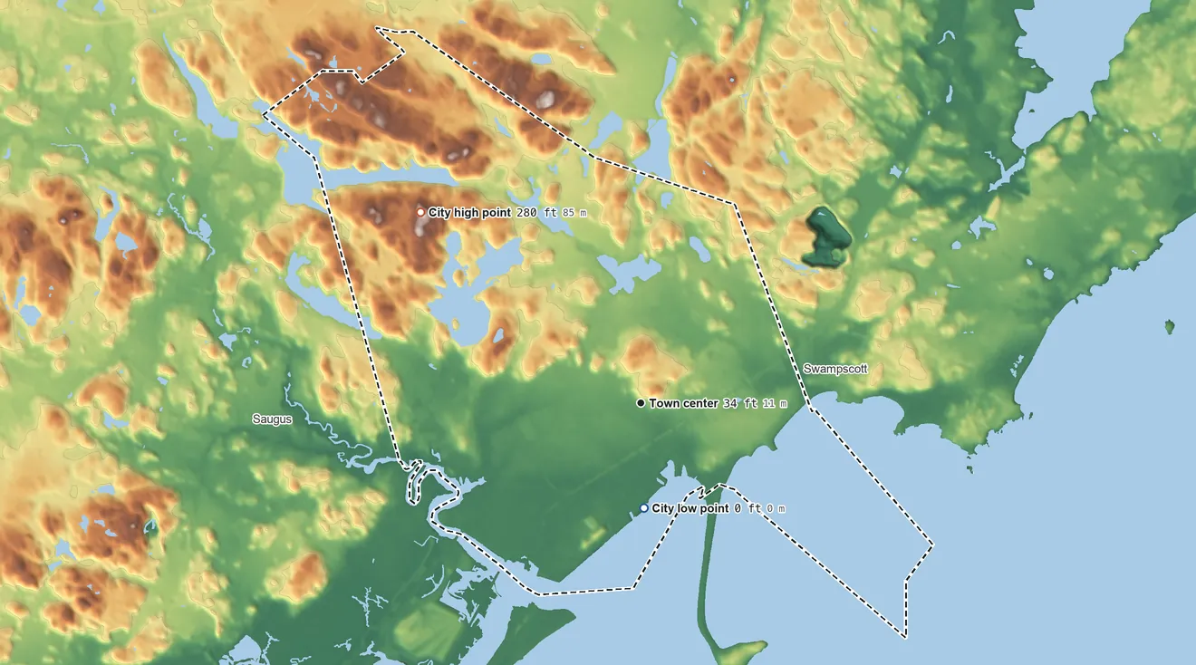Topographic elevation map of Lynn, Massachusetts, shaded from sea level level on Lynn Harbor to 280 ft on Burrill Hill