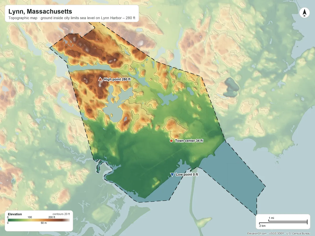 Topographic elevation map of Lynn, Massachusetts, shaded from sea level level on Lynn Harbor to 280 ft on Burrill Hill