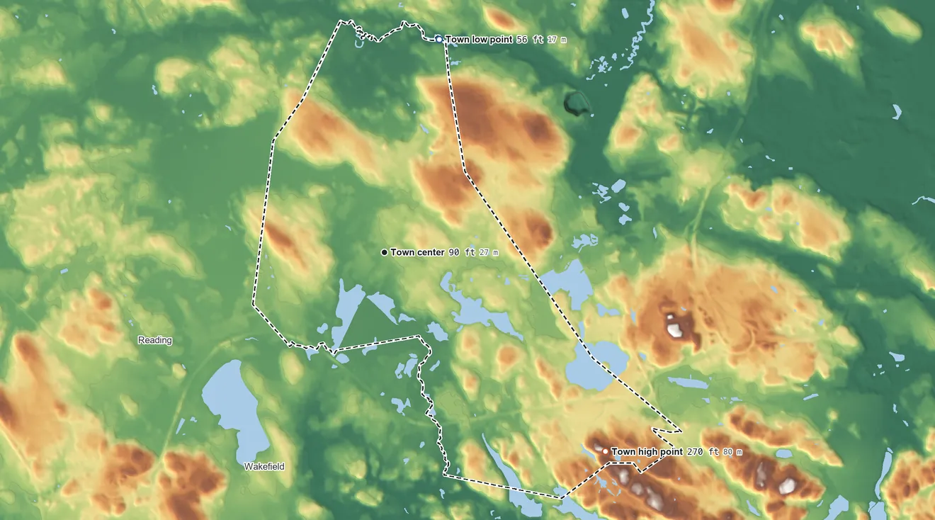 Topographic elevation map of Lynnfield, Massachusetts, shaded from 56 ft on the north side to 270 ft on the southeast side