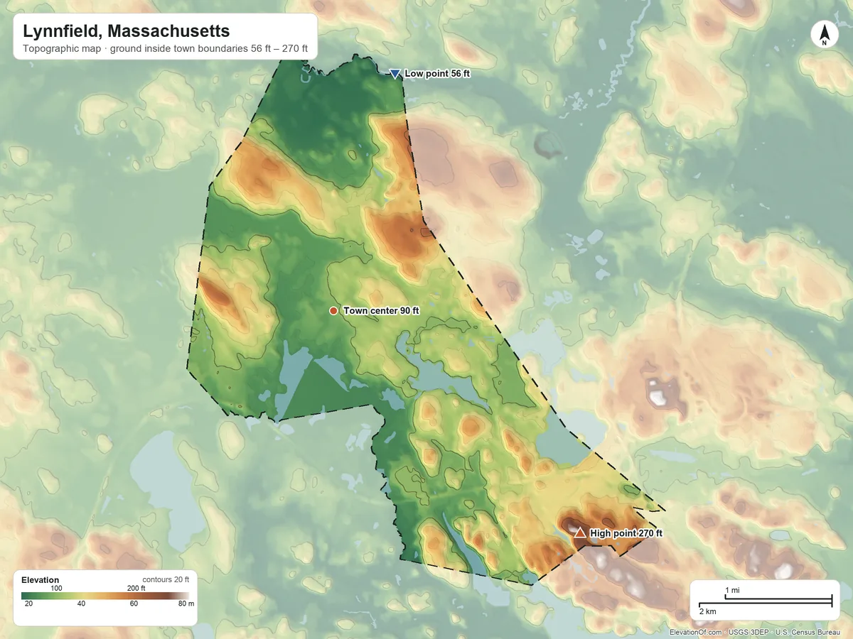 Topographic elevation map of Lynnfield, Massachusetts, shaded from 56 ft on the north side to 270 ft on the southeast side