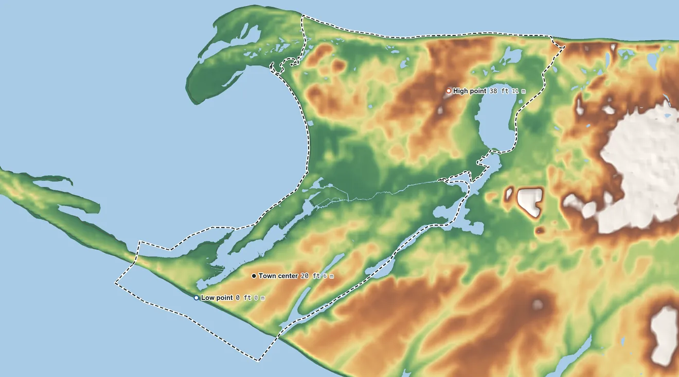 Topographic elevation map of Madaket, Massachusetts, shaded from sea level level on the Atlantic Ocean to 38 ft on the northeast side