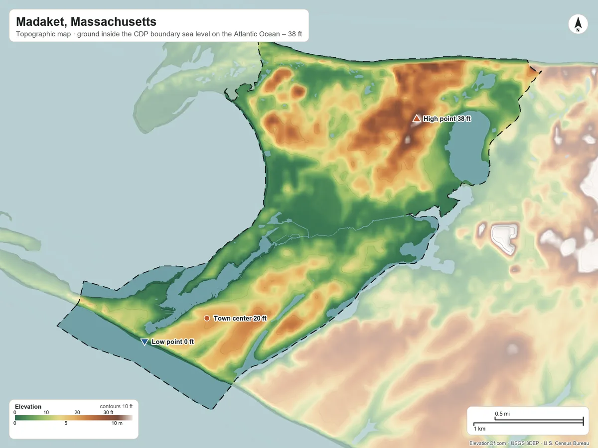 Topographic elevation map of Madaket, Massachusetts, shaded from sea level level on the Atlantic Ocean to 38 ft on the northeast side