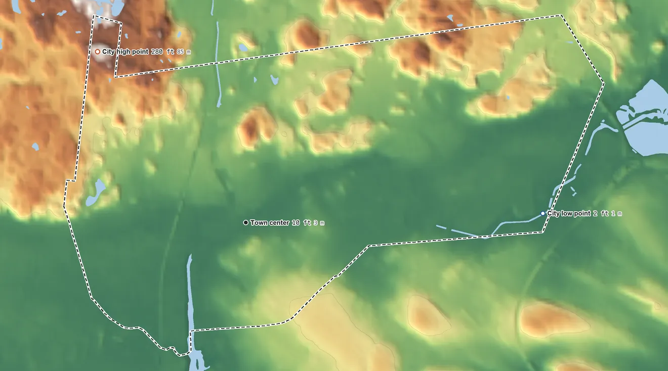 Topographic elevation map of Malden, Massachusetts, shaded from 2 ft on the east side to 280 ft on the northwest edge, below higher ground just outside