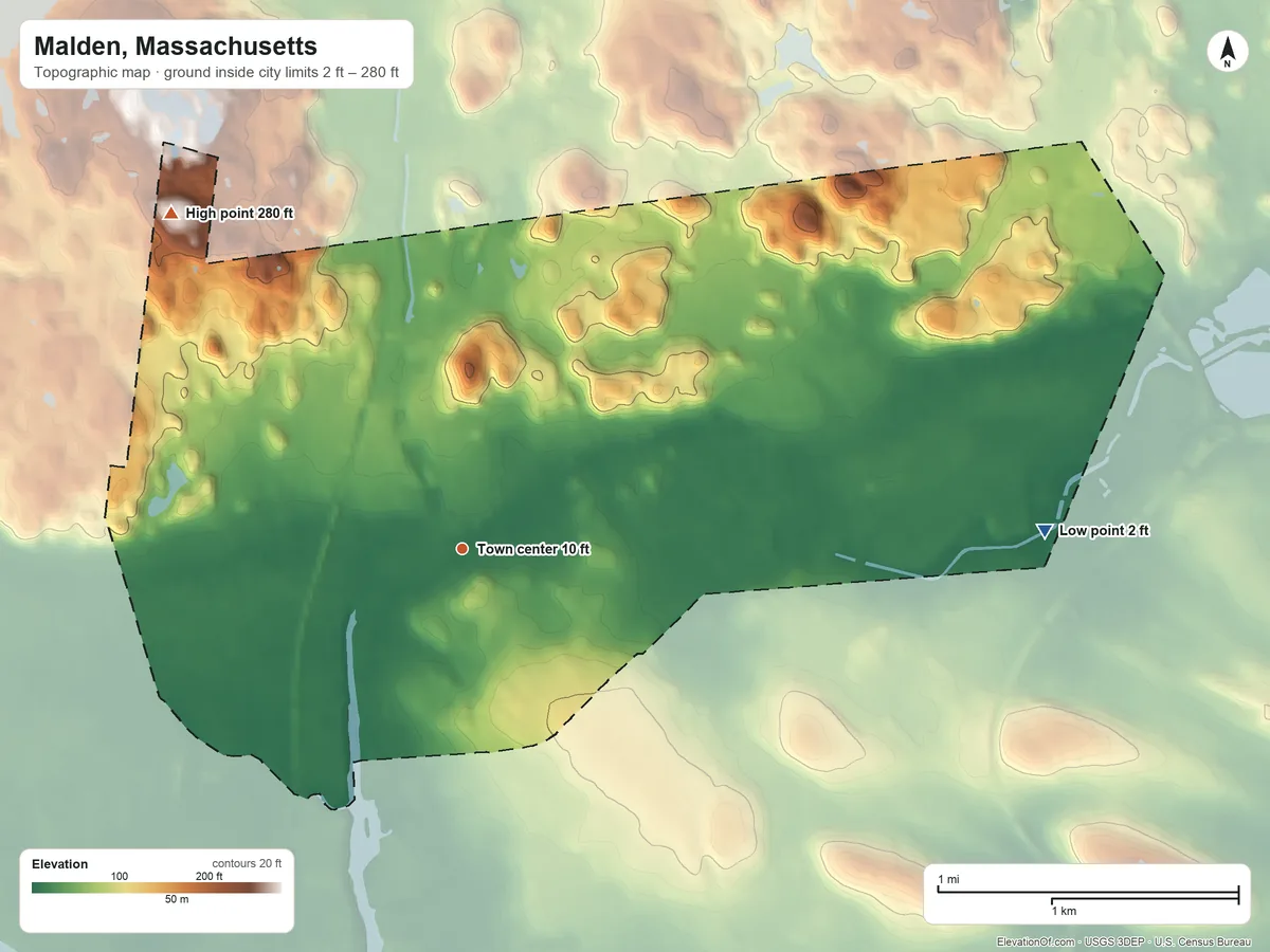 Topographic elevation map of Malden, Massachusetts, shaded from 2 ft on the east side to 280 ft on the northwest edge, below higher ground just outside