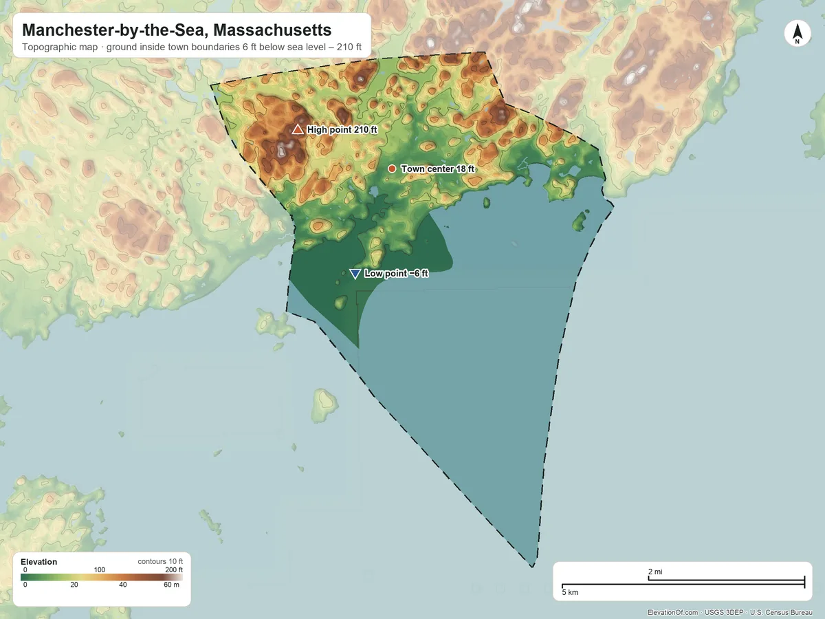 Topographic elevation map of Manchester-by-the-Sea, Massachusetts, shaded from −6 ft on the south side to 210 ft on Wyman Hill