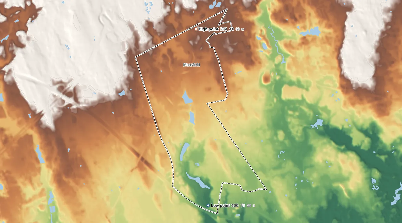Topographic elevation map of Mansfield Center, Massachusetts, shaded from 100 ft on the south side to 200 ft on the north side
