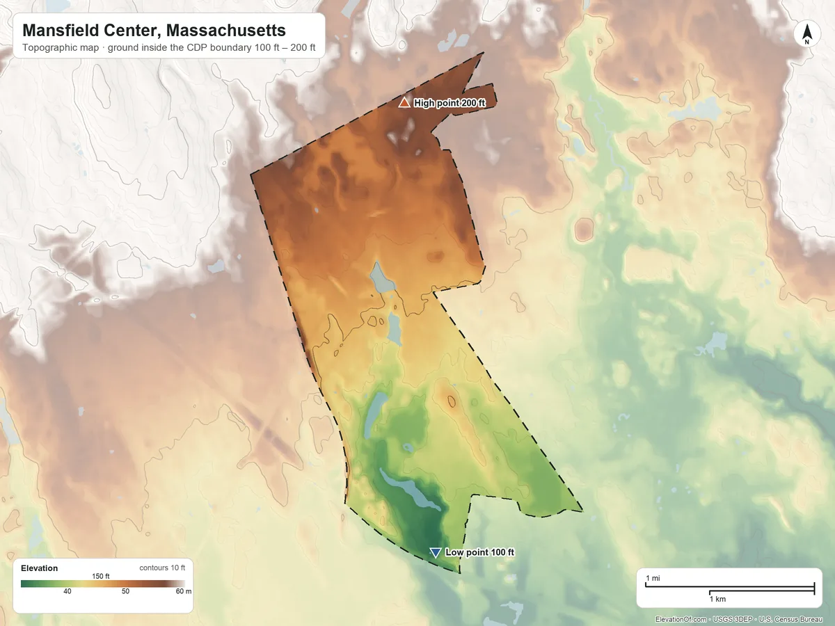 Topographic elevation map of Mansfield Center, Massachusetts, shaded from 100 ft on the south side to 200 ft on the north side