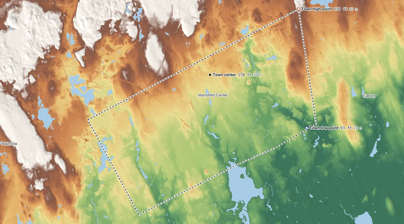 Topographic elevation map of Mansfield, Massachusetts, shaded from 93 ft on the southeast side to 270 ft on the northeast side