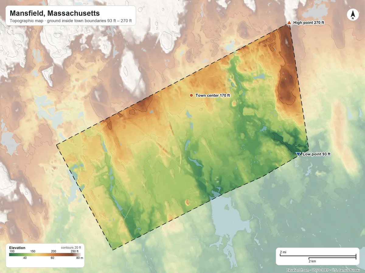 Topographic elevation map of Mansfield, Massachusetts, shaded from 93 ft on the southeast side to 270 ft on the northeast side