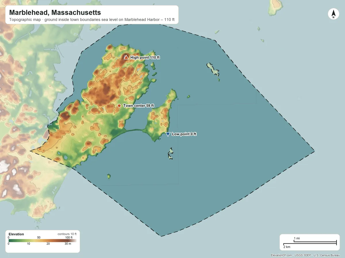 Topographic elevation map of Marblehead, Massachusetts, shaded from sea level level on Marblehead Harbor to 110 ft on Coddon Hill