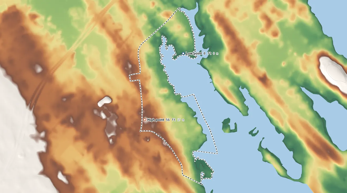 Topographic elevation map of Marion Center, Massachusetts, shaded from sea level level on Buzzards Bay to 56 ft on the southwest side