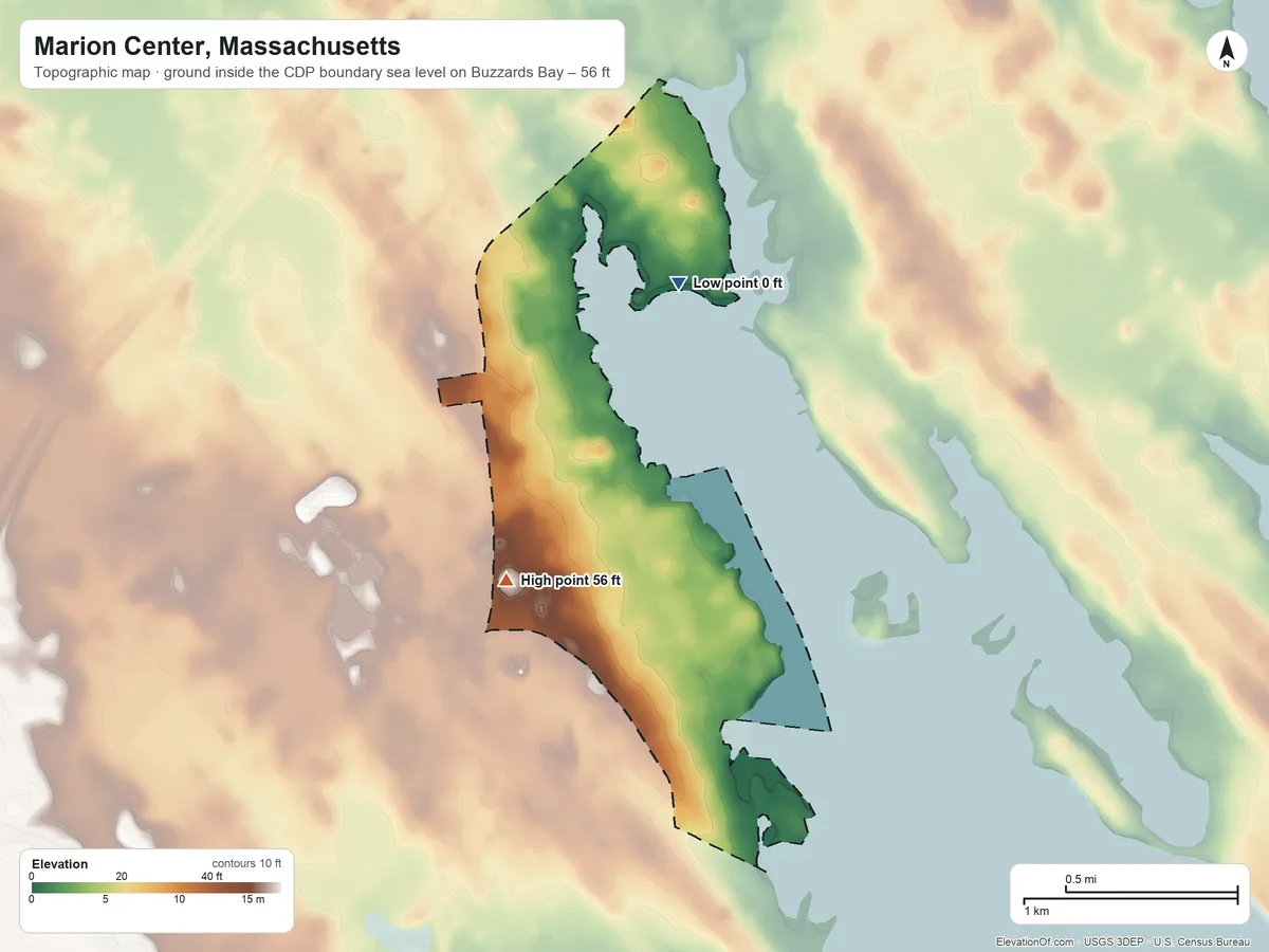 Topographic elevation map of Marion Center, Massachusetts, shaded from sea level level on Buzzards Bay to 56 ft on the southwest side