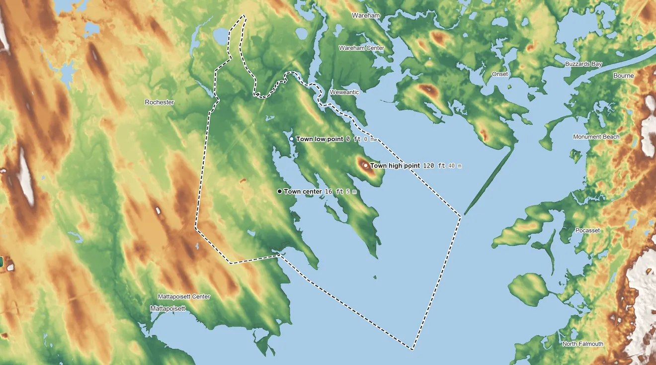 Topographic elevation map of Marion, Massachusetts, shaded from sea level level on Buzzards Bay to 120 ft on Great Hill