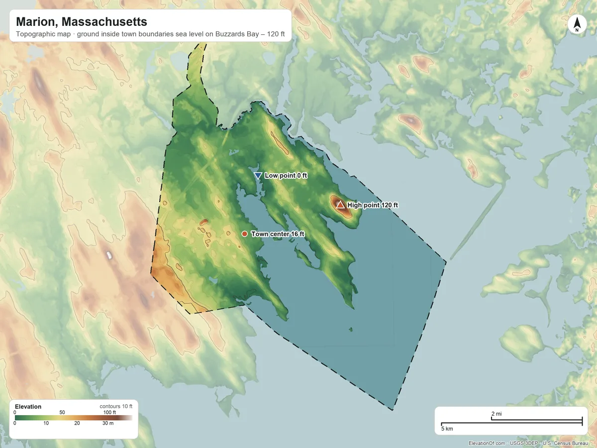 Topographic elevation map of Marion, Massachusetts, shaded from sea level level on Buzzards Bay to 120 ft on Great Hill