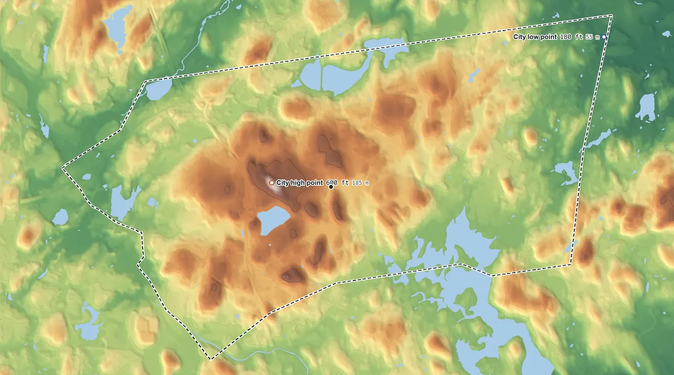 Topographic elevation map of Marlborough, Massachusetts, shaded from 180 ft on the northeast side to 600 ft on Sligo Hill