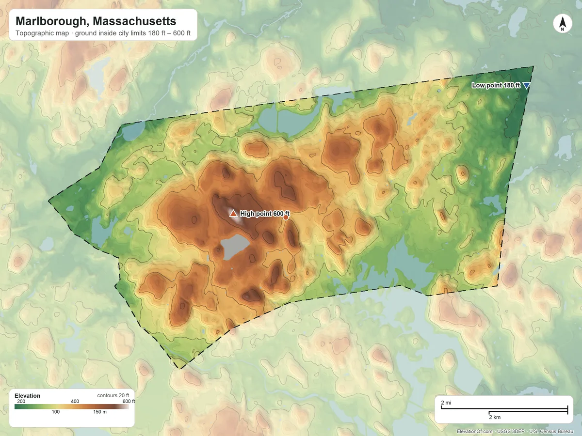 Topographic elevation map of Marlborough, Massachusetts, shaded from 180 ft on the northeast side to 600 ft on Sligo Hill