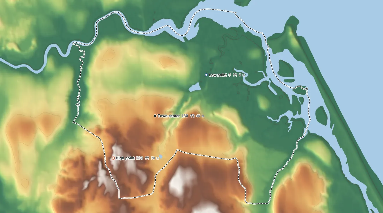 Topographic elevation map of Marshfield Hills, Massachusetts, shaded from sea level level on New Inlet to 230 ft on the southwest side