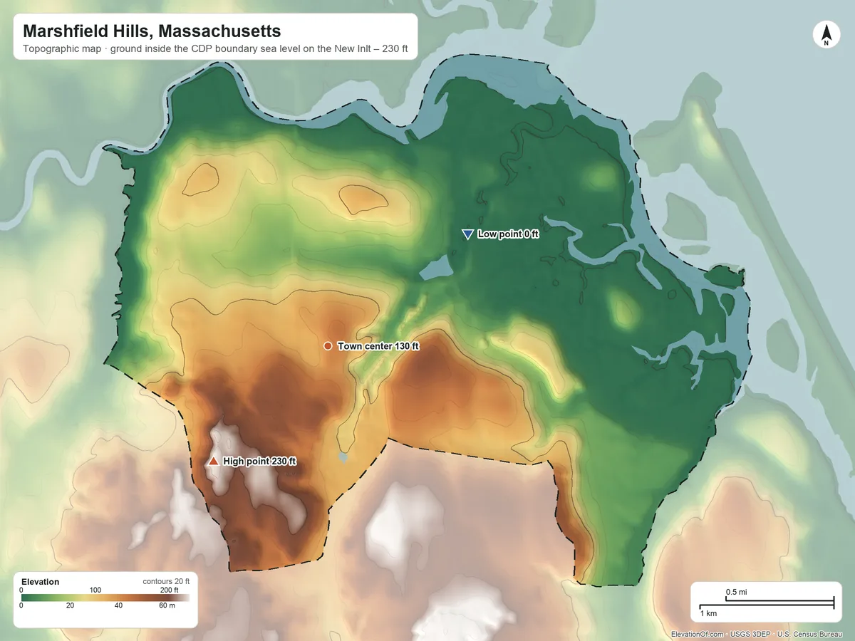 Topographic elevation map of Marshfield Hills, Massachusetts, shaded from sea level level on New Inlet to 230 ft on the southwest side