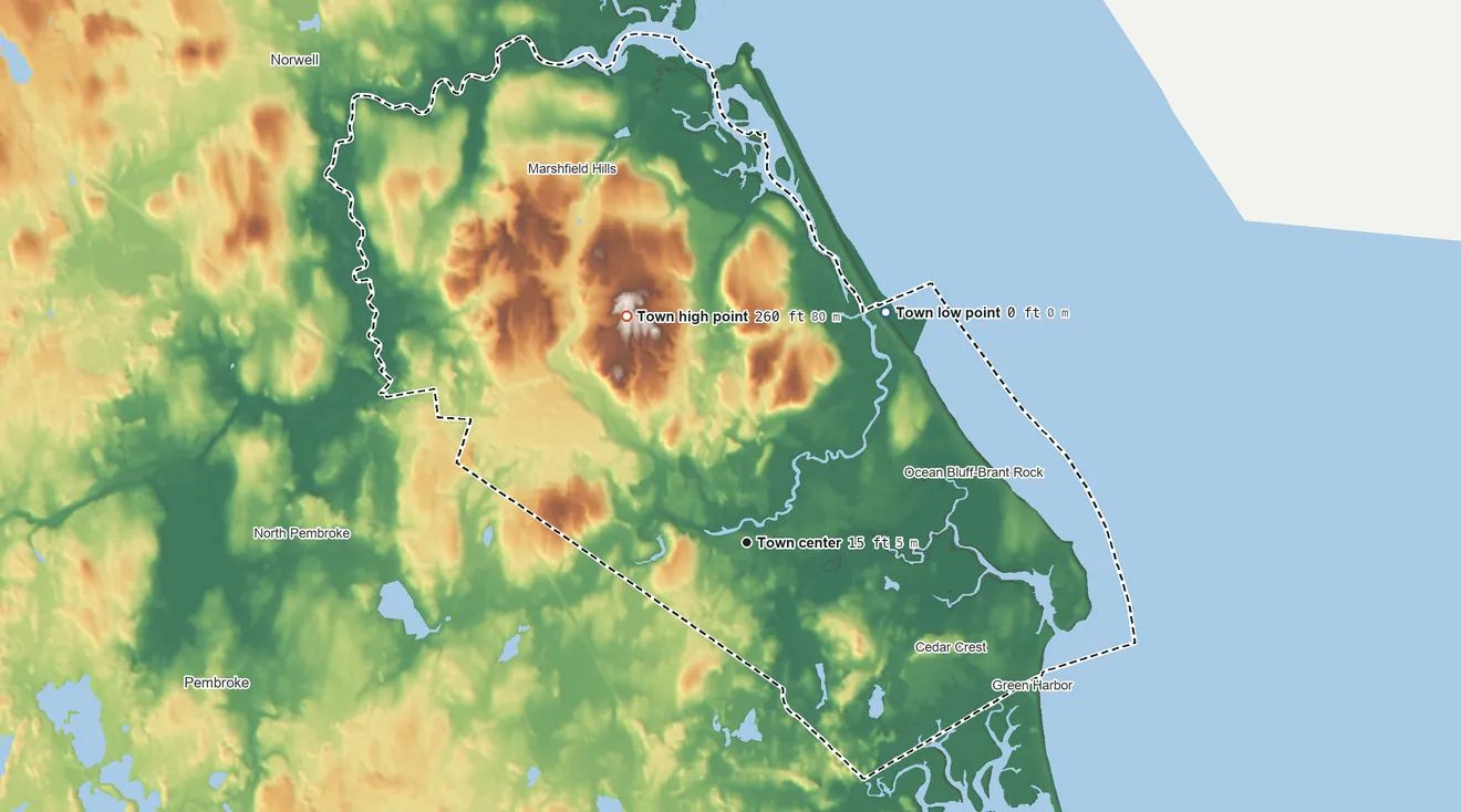 Topographic elevation map of Marshfield, Massachusetts, shaded from sea level level on Massachusetts Bay to 260 ft on Carolina Hill
