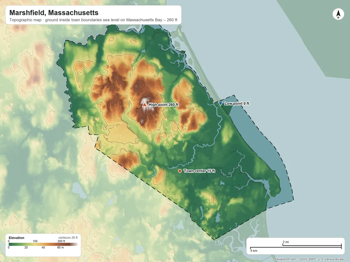 Topographic elevation map of Marshfield, Massachusetts, shaded from sea level level on Massachusetts Bay to 260 ft on Carolina Hill