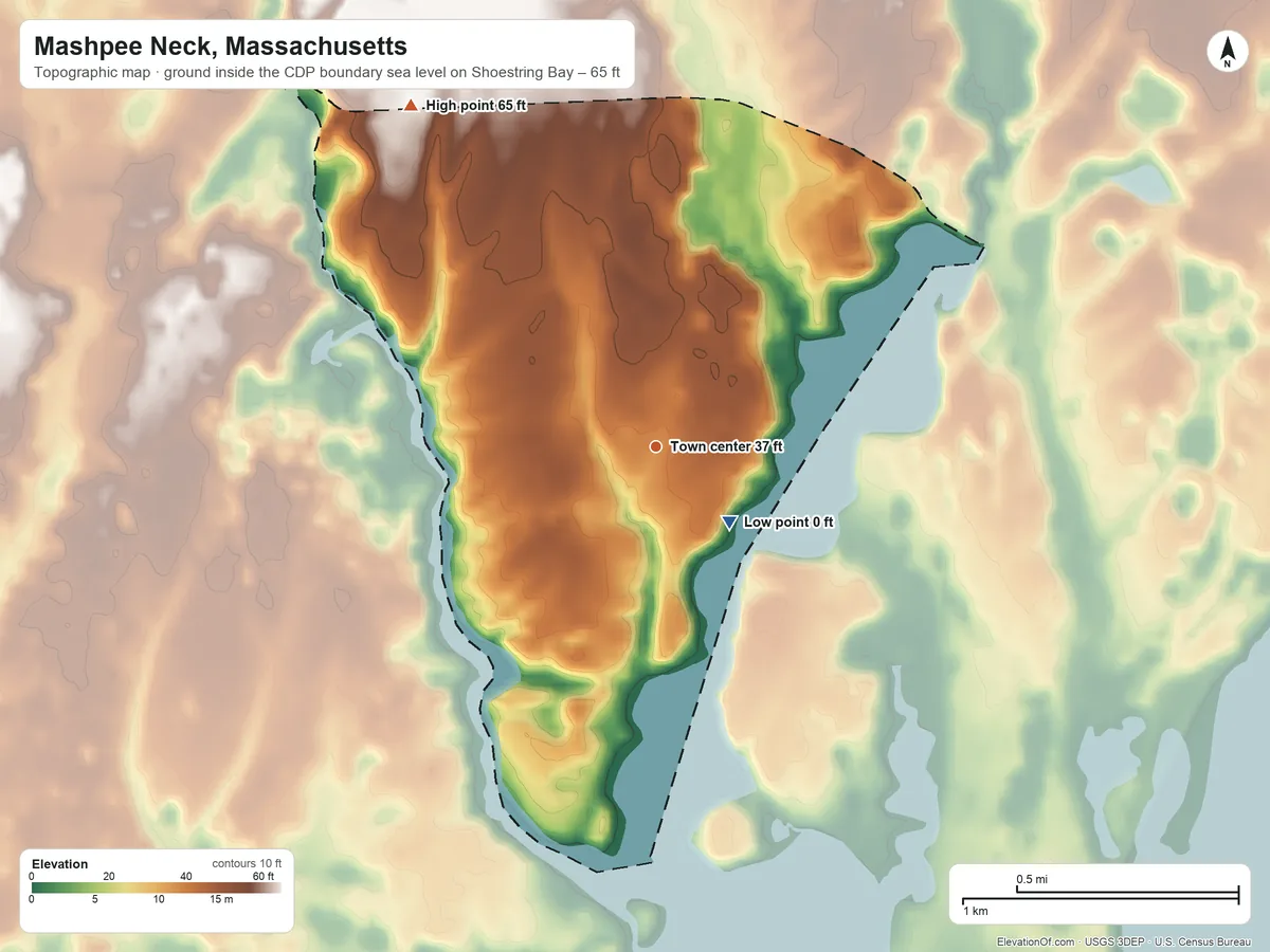 Topographic elevation map of Mashpee Neck, Massachusetts, shaded from sea level level on Shoestring Bay to 65 ft on the northwest side