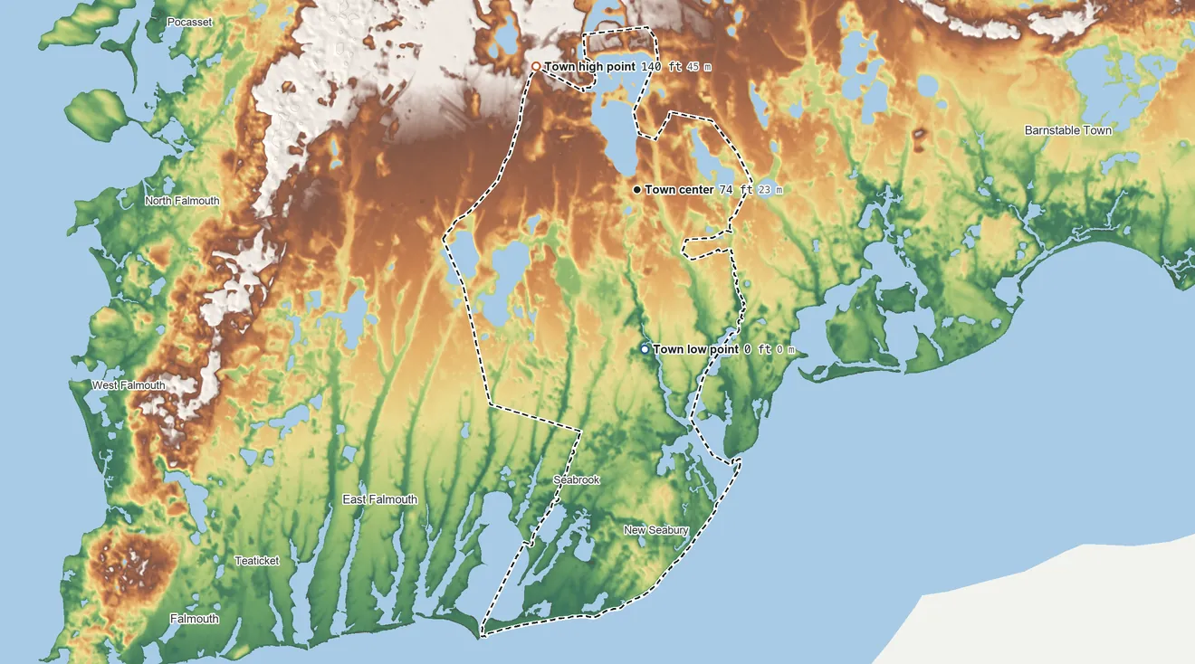 Topographic elevation map of Mashpee, Massachusetts, shaded from sea level level on the Mashpee River to 140 ft on the northwest side