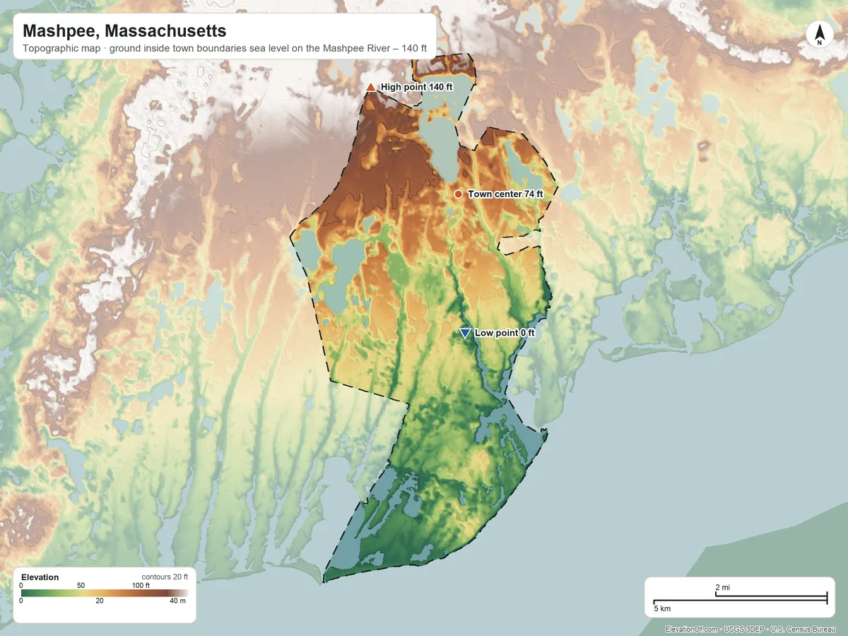 Topographic elevation map of Mashpee, Massachusetts, shaded from sea level level on the Mashpee River to 140 ft on the northwest side
