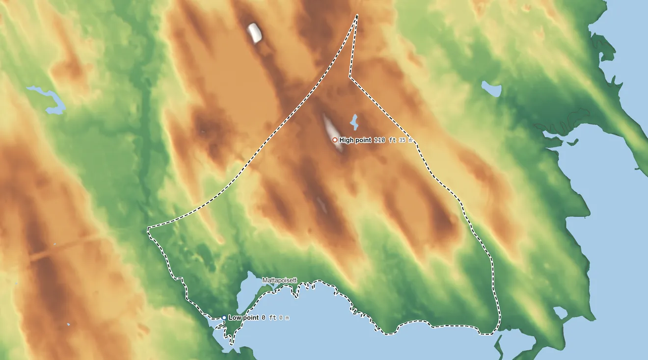 Topographic elevation map of Mattapoisett Center, Massachusetts, shaded from sea level level on Buzzards Bay to 110 ft on the north side