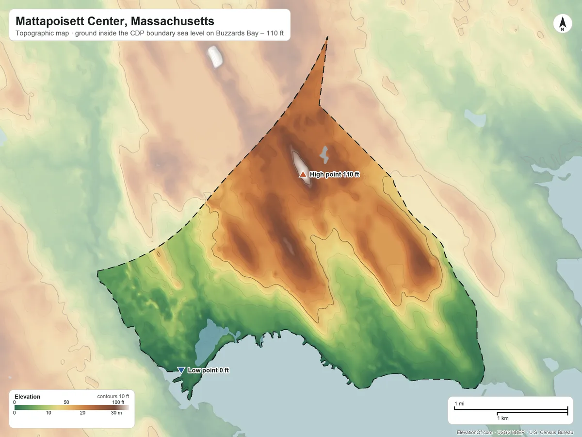 Topographic elevation map of Mattapoisett Center, Massachusetts, shaded from sea level level on Buzzards Bay to 110 ft on the north side