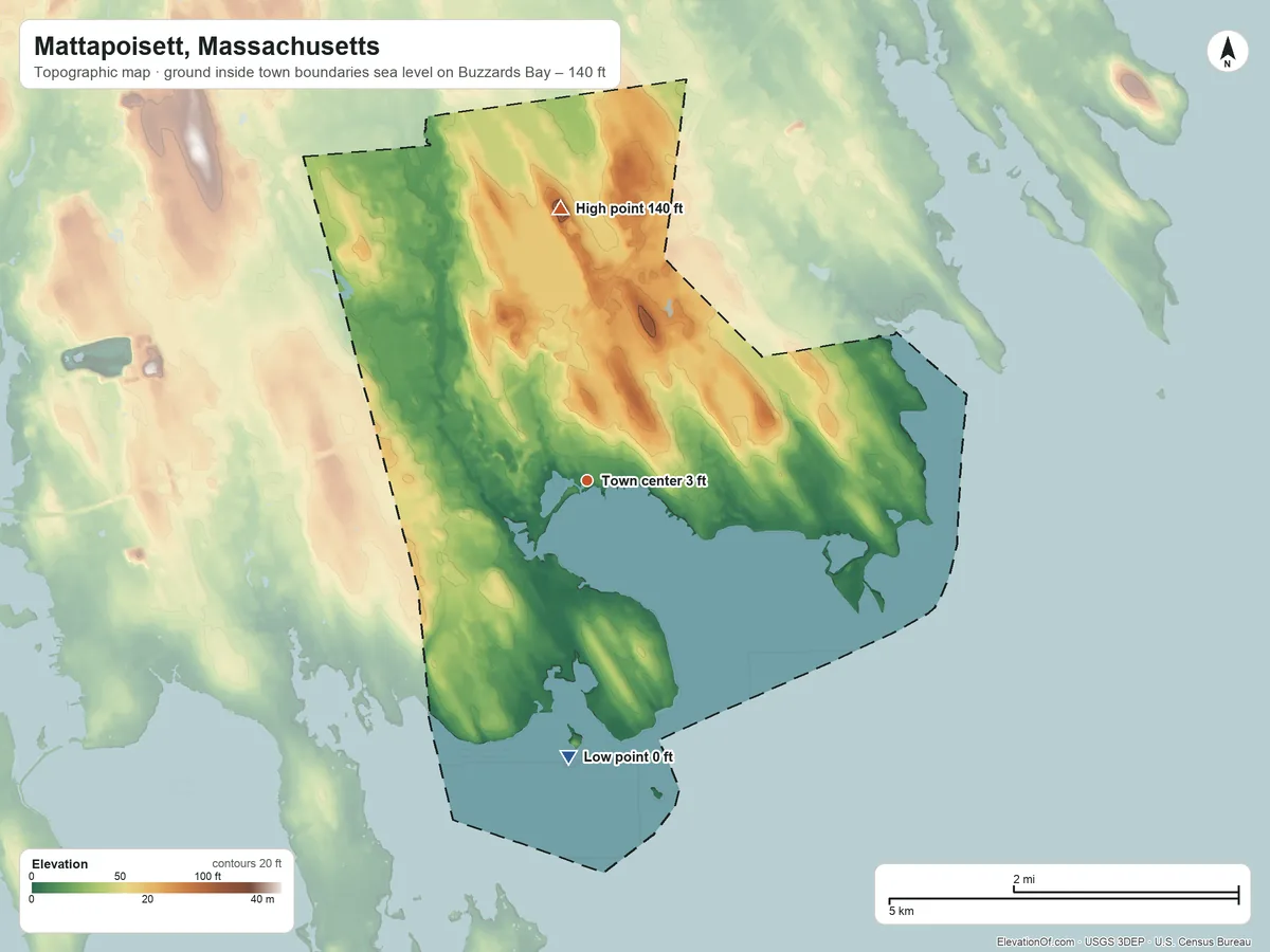 Topographic elevation map of Mattapoisett, Massachusetts, shaded from sea level level on Buzzards Bay to 140 ft on Tinkham Hill