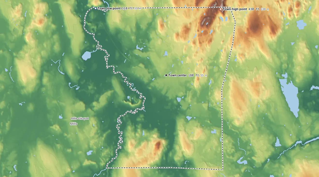 Topographic elevation map of Medfield, Massachusetts, shaded from 110 ft on the northwest side to 430 ft on Cedar Hill