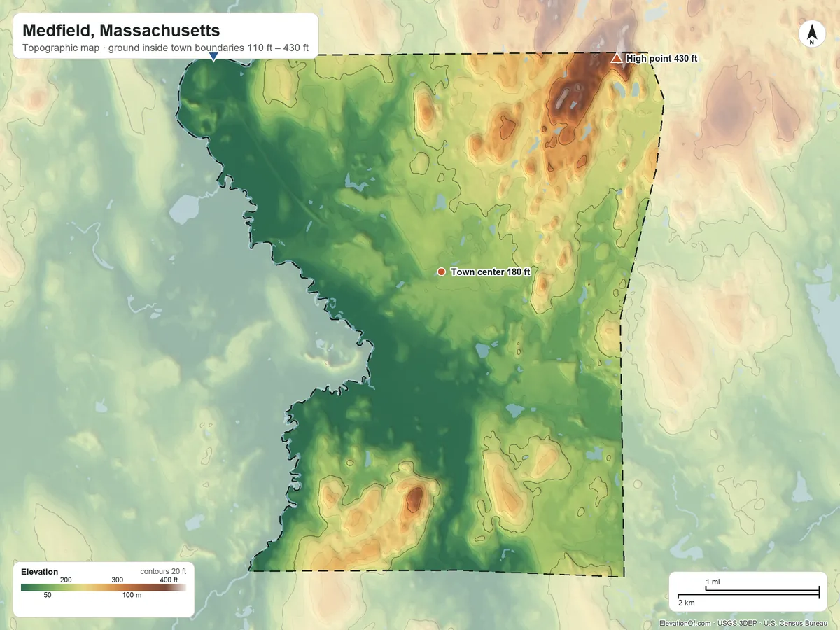 Topographic elevation map of Medfield, Massachusetts, shaded from 110 ft on the northwest side to 430 ft on Cedar Hill