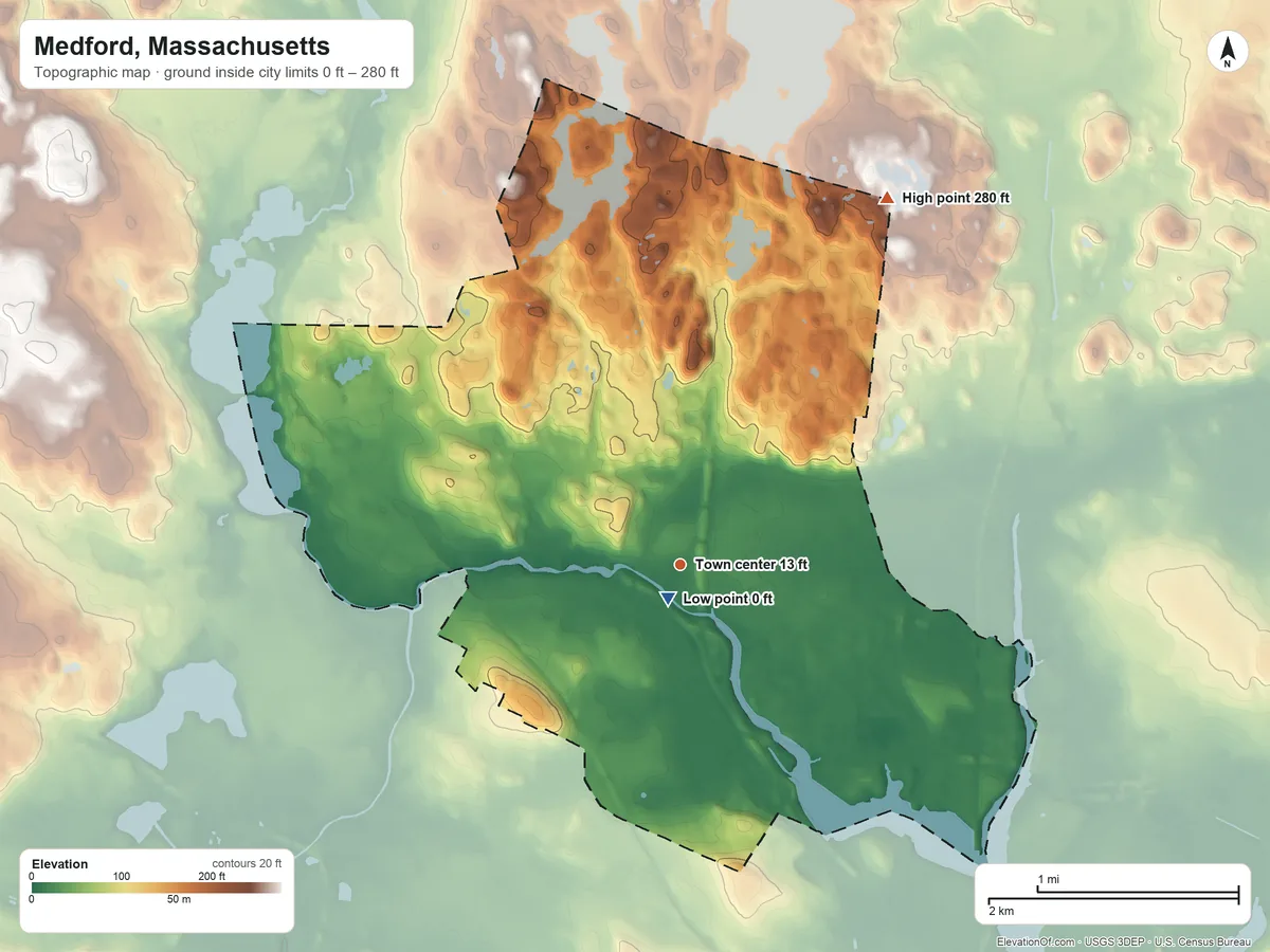 Topographic elevation map of Medford, Massachusetts, shaded from 0 ft near the middle to 280 ft on the northeast side