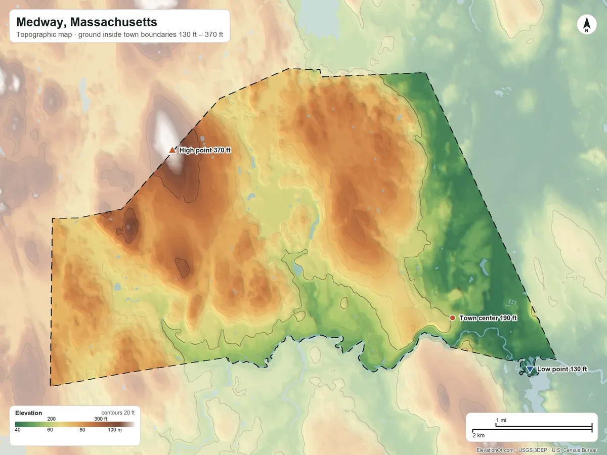 Topographic elevation map of Medway, Massachusetts, shaded from 130 ft on the southeast side to 370 ft on the northwest side