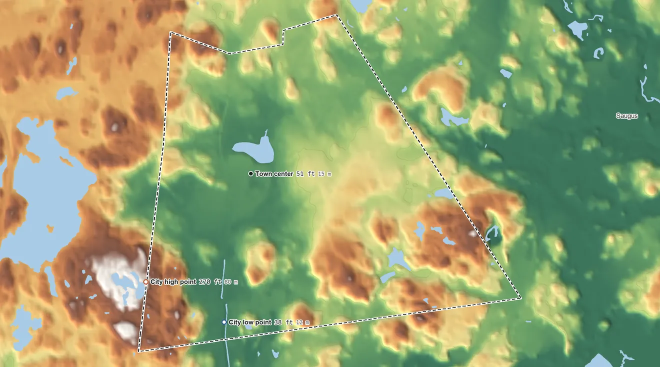 Topographic elevation map of Melrose, Massachusetts, shaded from 38 ft on the south side to 270 ft on the southwest side