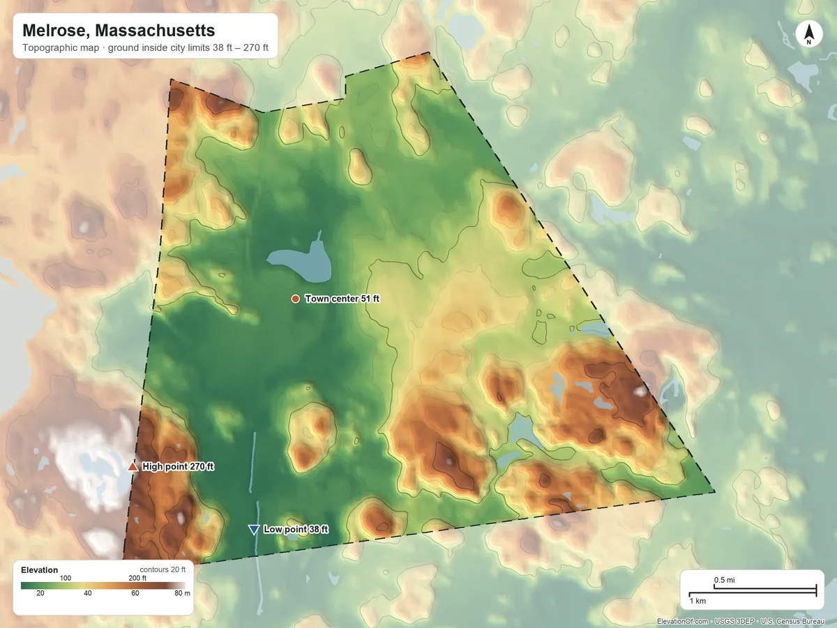 Topographic elevation map of Melrose, Massachusetts, shaded from 38 ft on the south side to 270 ft on the southwest side