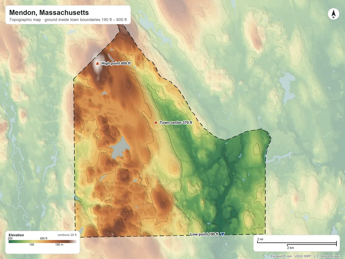 Topographic elevation map of Mendon, Massachusetts, shaded from 190 ft on the southeast side to 600 ft on Misoe Hill