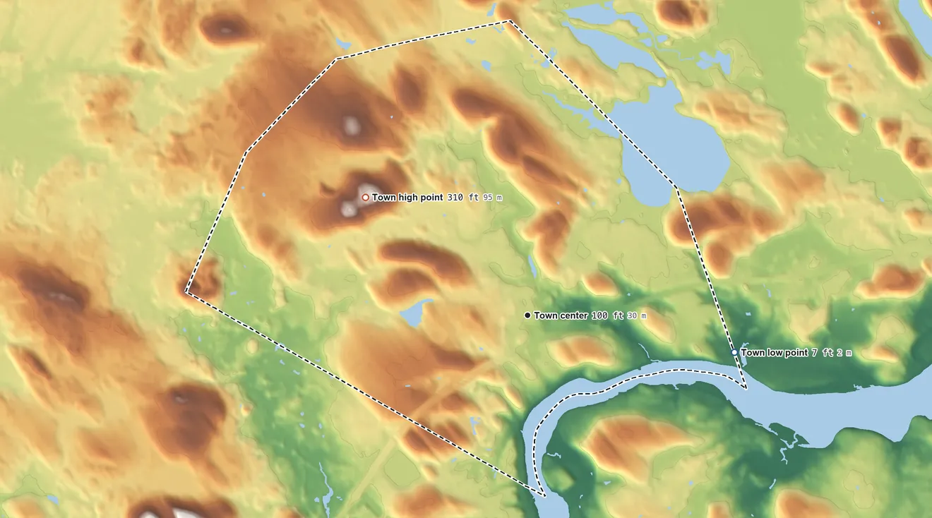 Topographic elevation map of Merrimac, Massachusetts, shaded from 7 ft on the east side to 310 ft on Red Oak Hill