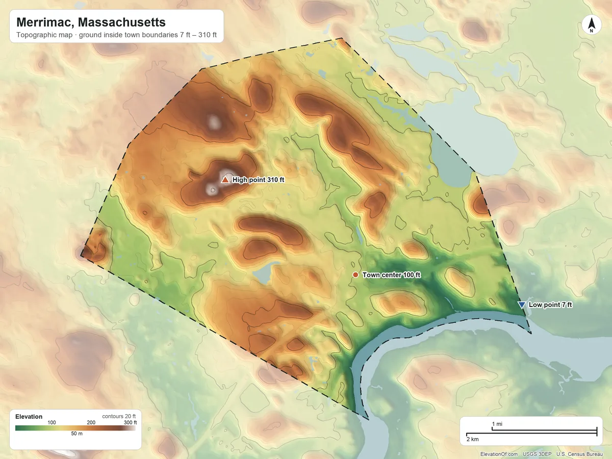 Topographic elevation map of Merrimac, Massachusetts, shaded from 7 ft on the east side to 310 ft on Red Oak Hill
