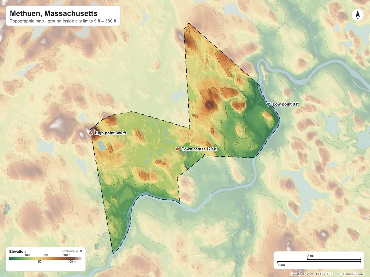 Topographic elevation map of Methuen, Massachusetts, shaded from 9 ft on the northeast side to 380 ft on the west edge, below higher ground just outside