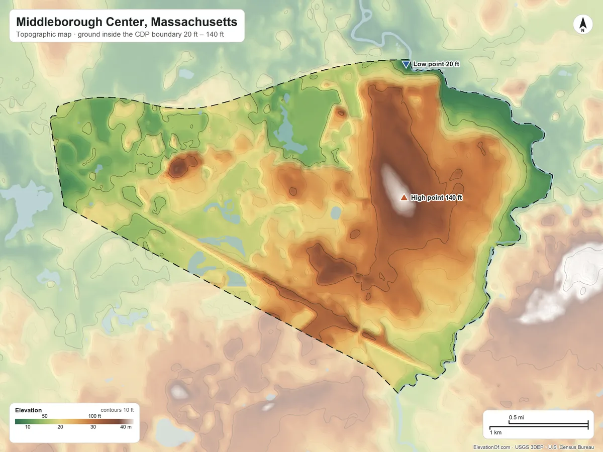 Topographic elevation map of Middleborough Center, Massachusetts, shaded from 20 ft on the north side to 140 ft near the middle