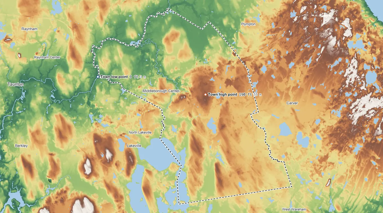 Topographic elevation map of Middleborough, Massachusetts, shaded from 9 ft on the west side to 190 ft on Falconeiri Hill