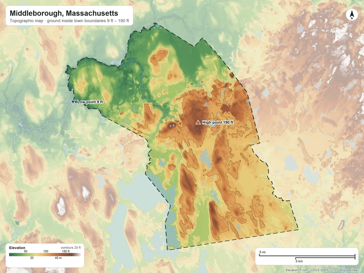 Topographic elevation map of Middleborough, Massachusetts, shaded from 9 ft on the west side to 190 ft on Falconeiri Hill
