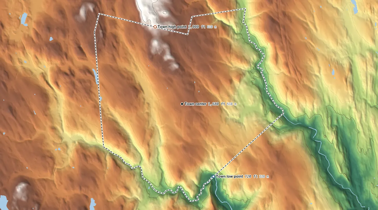 Topographic elevation map of Middlefield, Massachusetts, shaded from 720 ft on the southeast side to 2,000 ft on the north side