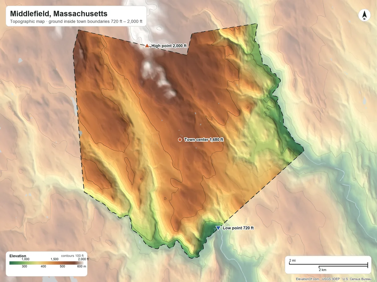 Topographic elevation map of Middlefield, Massachusetts, shaded from 720 ft on the southeast side to 2,000 ft on the north side