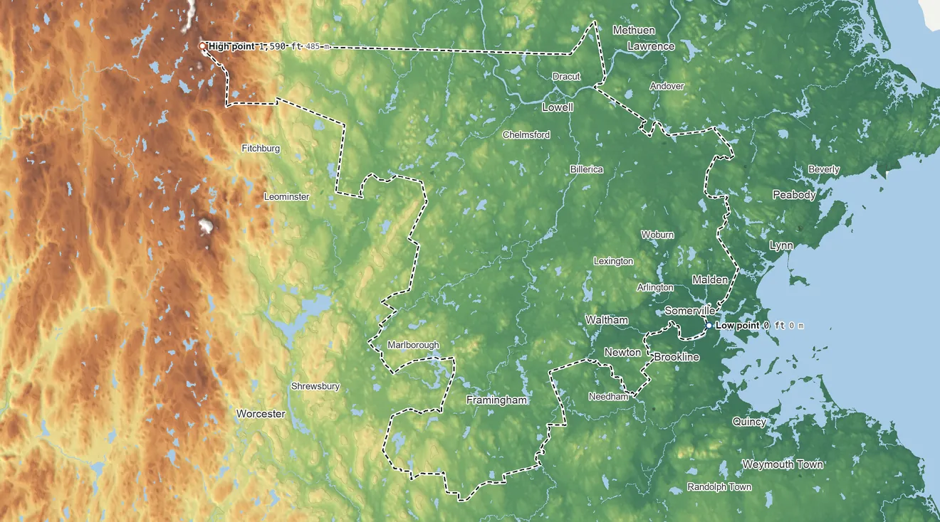Topographic elevation map of Middlesex County, Massachusetts, shaded from sea level on Boston Harbor to 1,590 ft on the northwest side